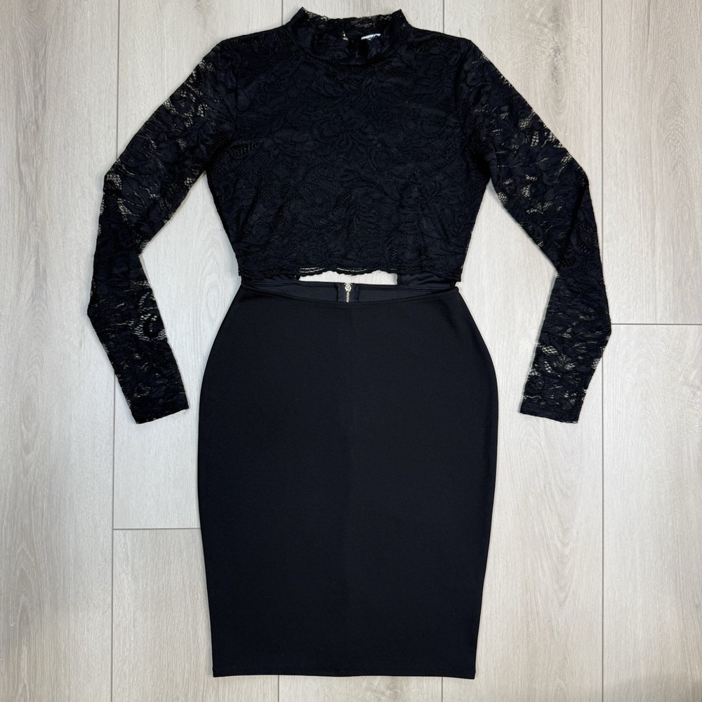 ReVamped Black Bodycon Dress S Long Sleeve Lace Crop Top Pencil Skirt Party Sexy